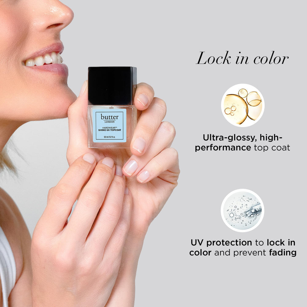 butter LONDON on manicured nails demonstrating chip-resistant, shiny finish