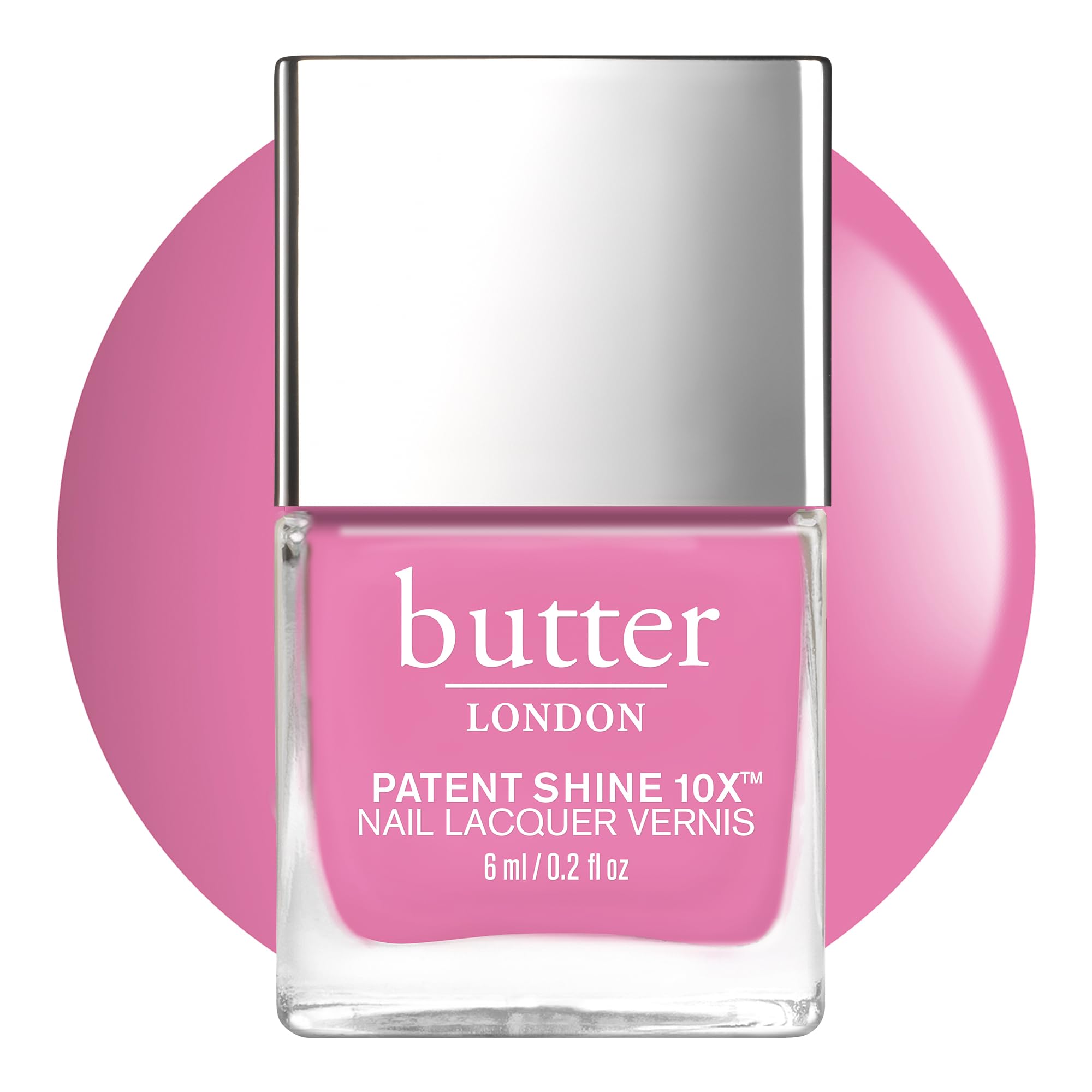 butter LONDON bottle front view showing Sweets fuchsia and glossy finish benefit