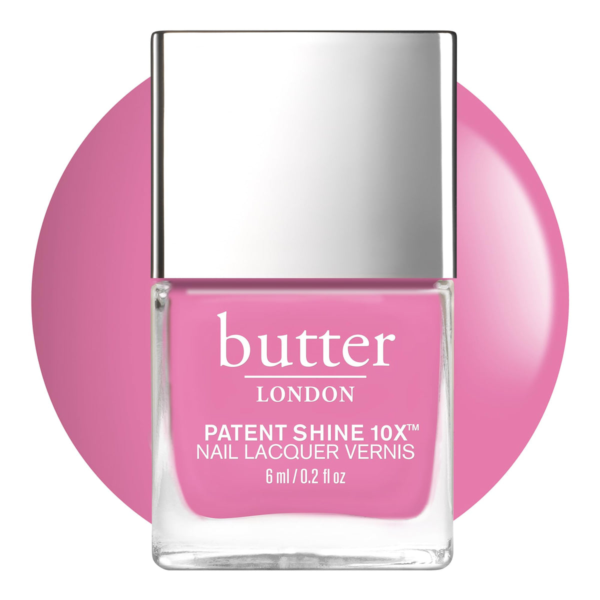 butter LONDON bottle front view showing Sweets fuchsia and glossy finish benefit