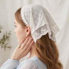 BuyaCraft model wearing tied head scarf demonstrates secure stylish fit benefit