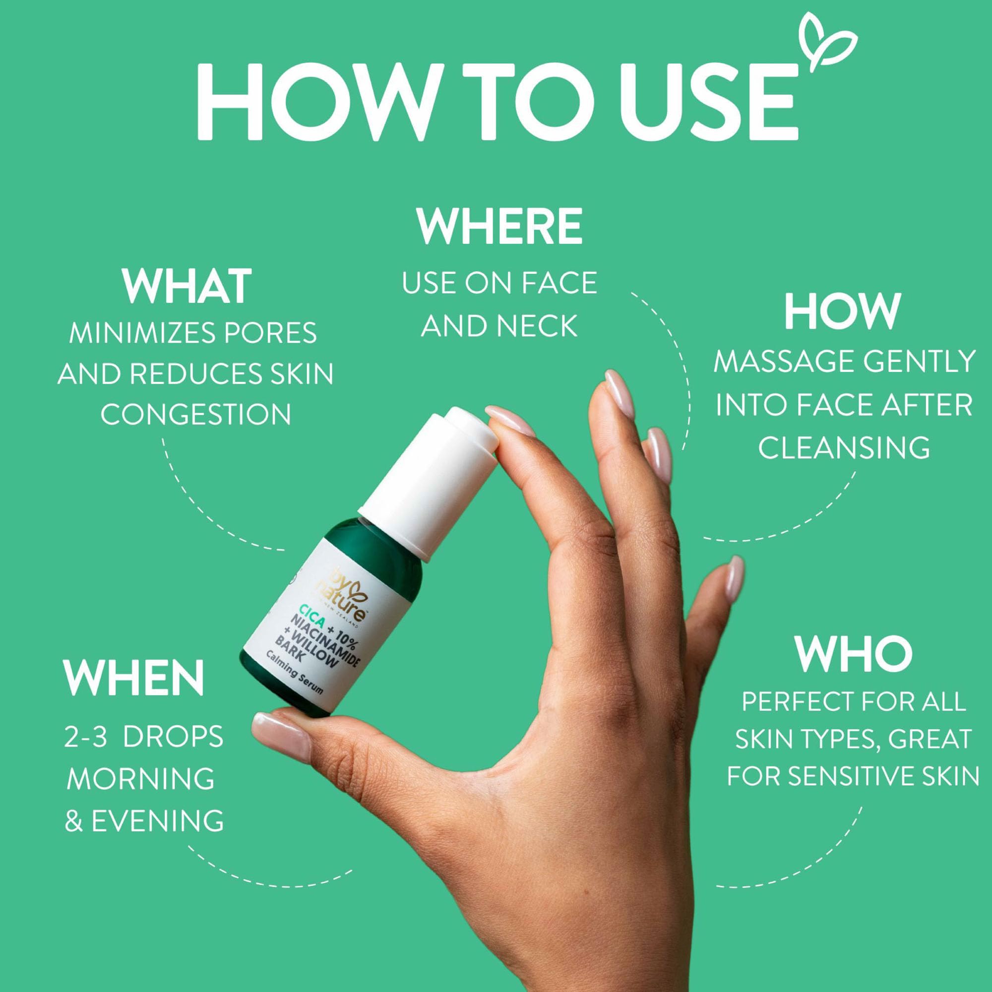 By Nature calming serum pump dispensing a single drop for easy application benefits
