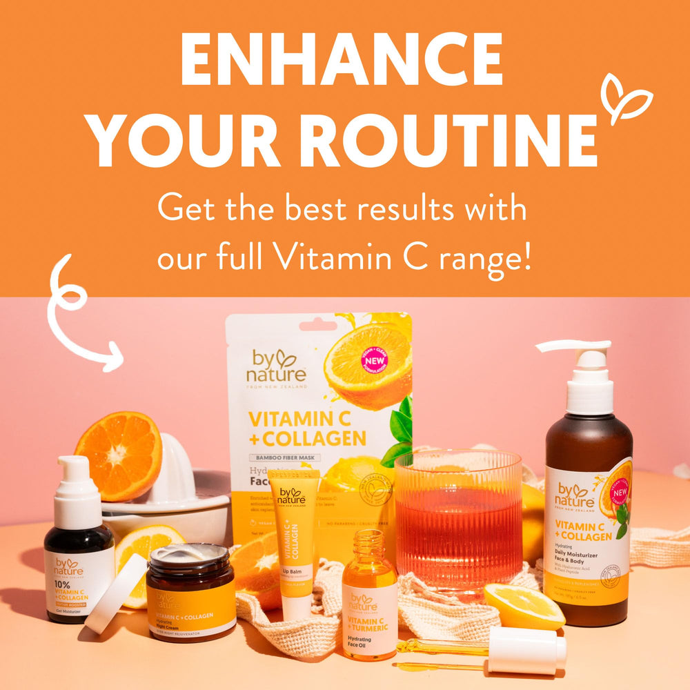 By Nature label detail highlighting Vitamin C and Caffeine benefits for brightening