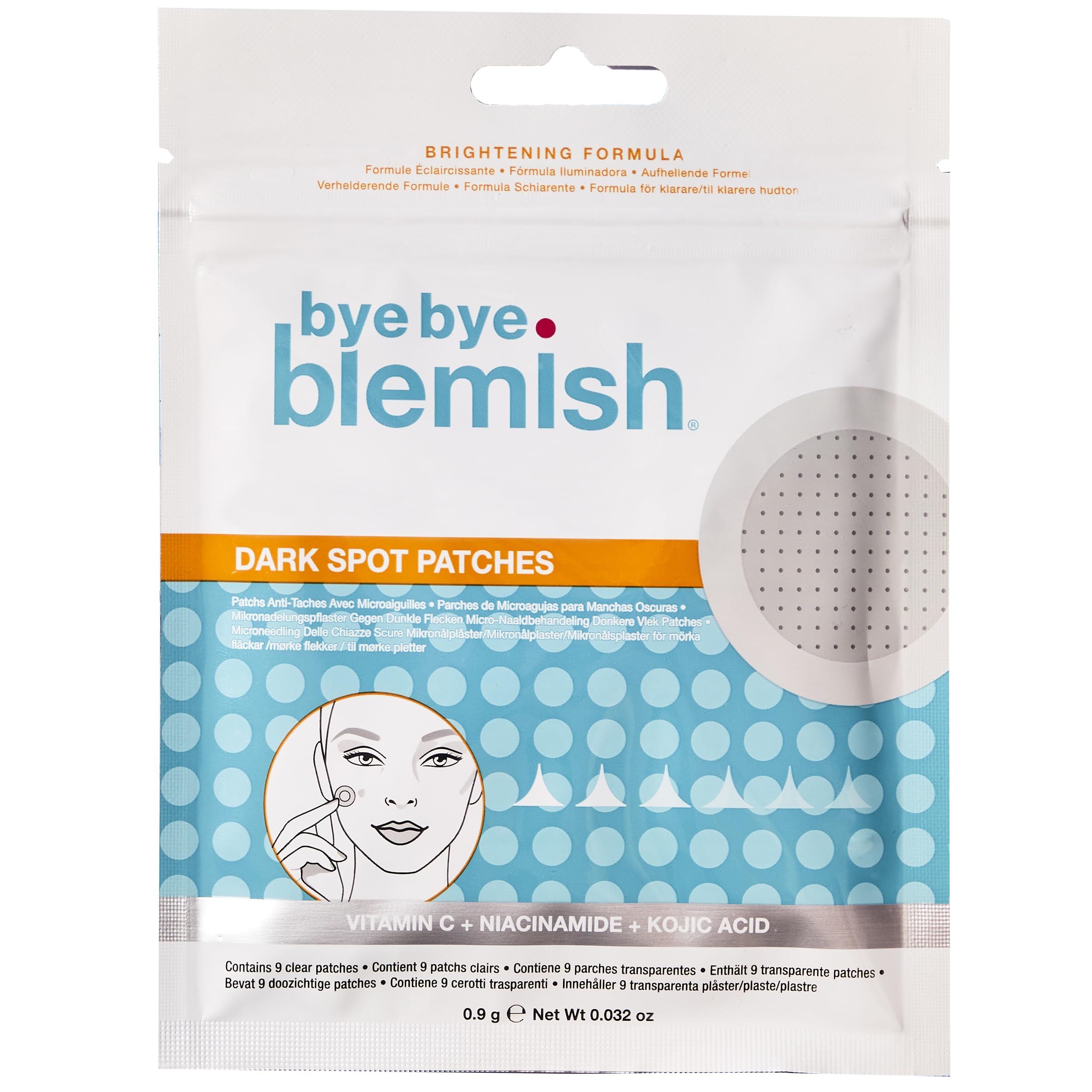 Bye Bye Blemish front packaging showing 9 clear pimple patches and benefits