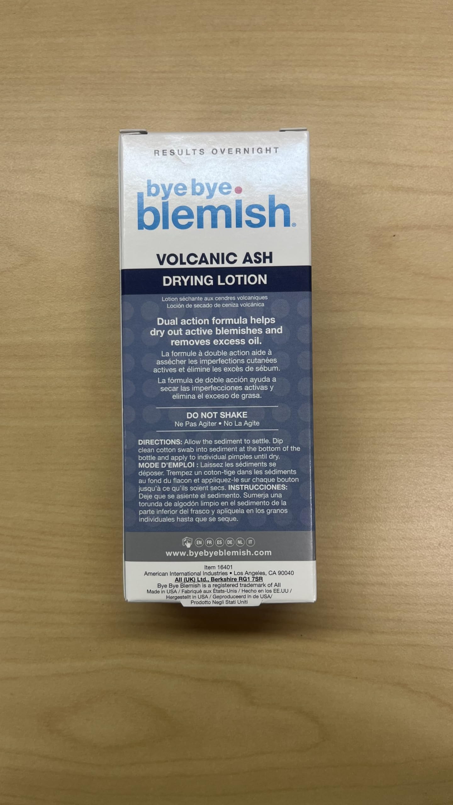 Bye Bye Blemish label and ingredient list close-up highlighting volcanic ash and gentle formulation benefit