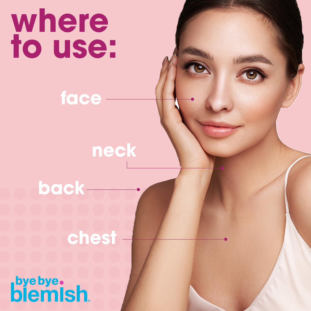 Bye Bye Blemish next to coin for scale highlighting travel-friendly 1oz size