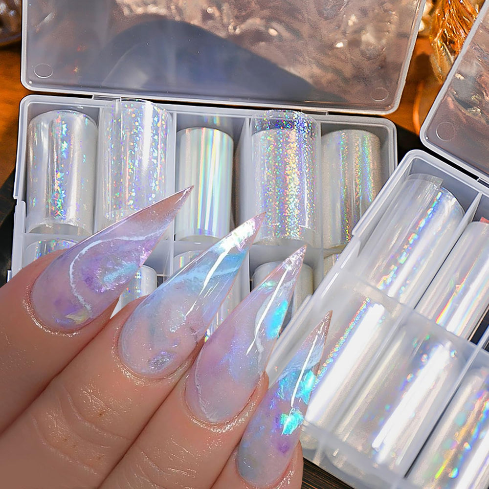 BYJKYEN front view of ten aurora foil sheets showing variety and vibrant shine benefits