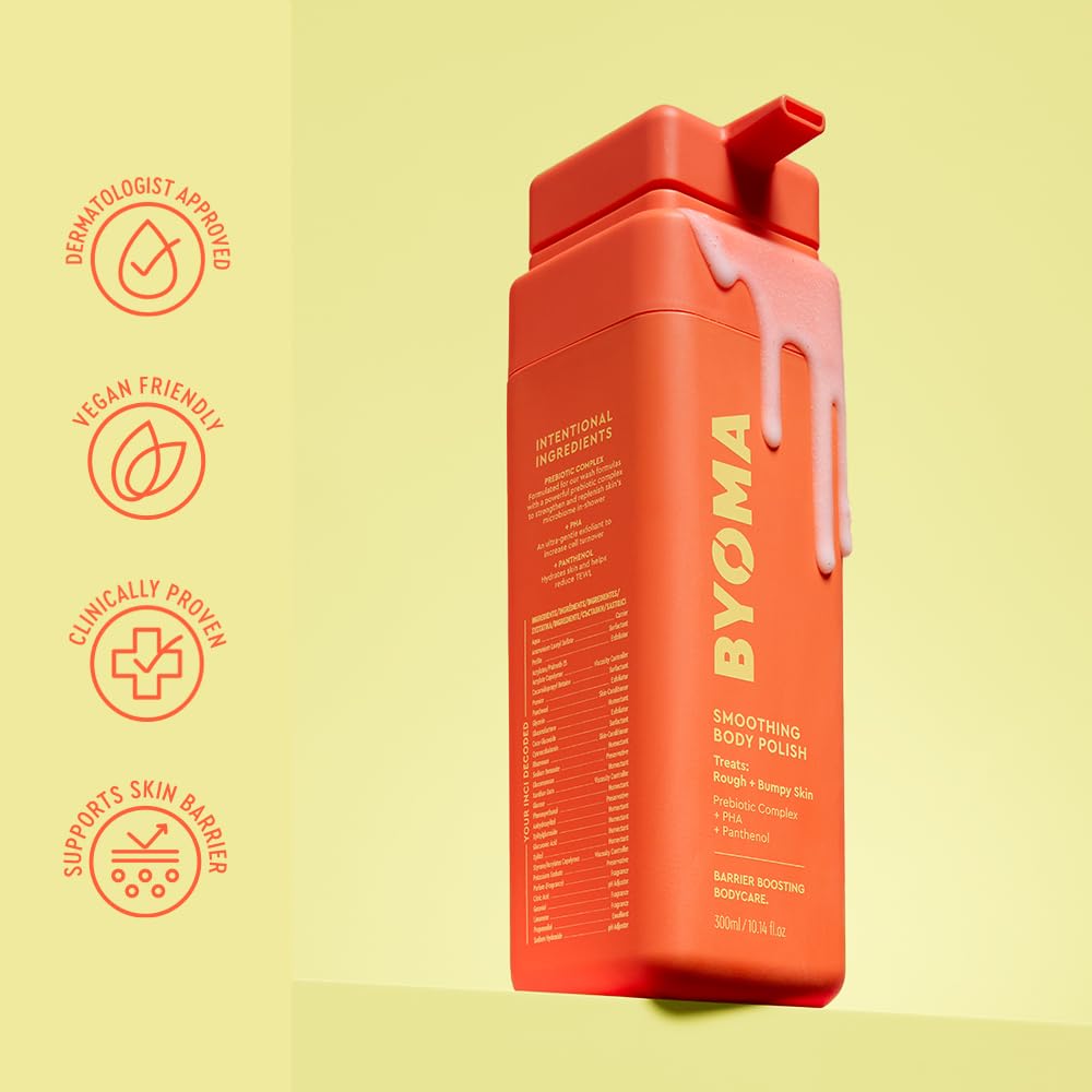 BYOMA label close-up highlighting PHA panthenol and prebiotic complex benefits