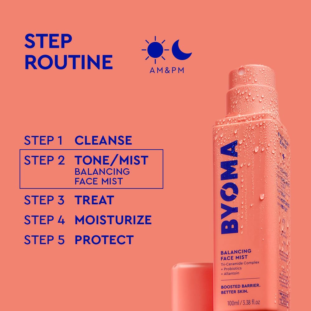 BYOMA bottle on bathroom vanity suggesting daily refresh convenience
