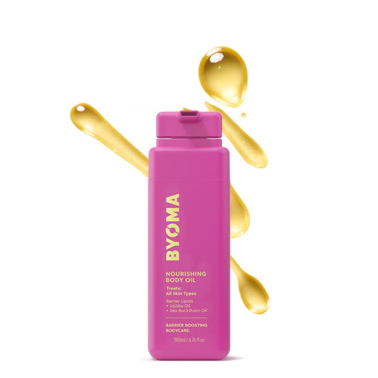 BYOMA bottle front view showing nourishing body oil and clear benefits
