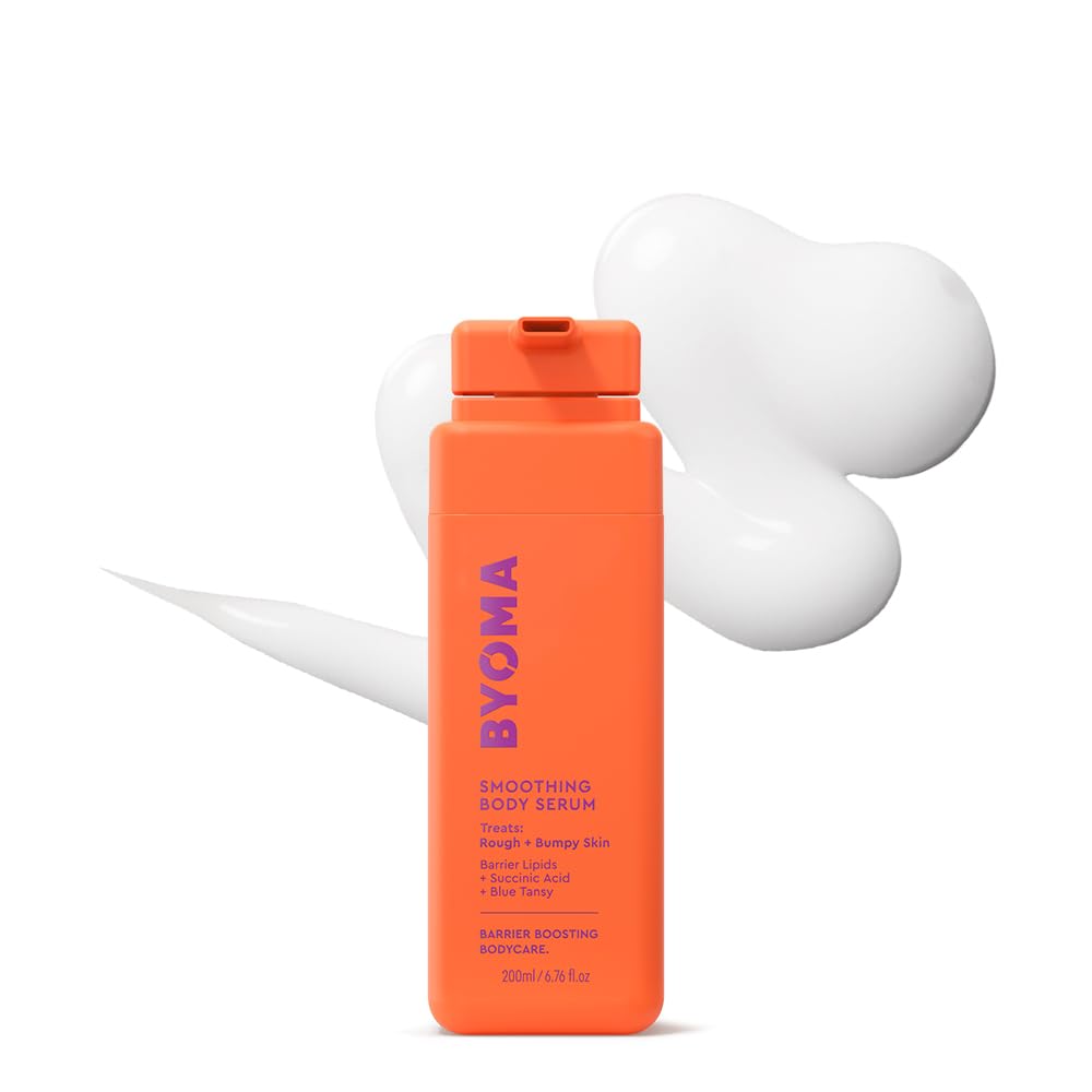 BYOMA bottle front view showing clean design and smoothing serum benefits