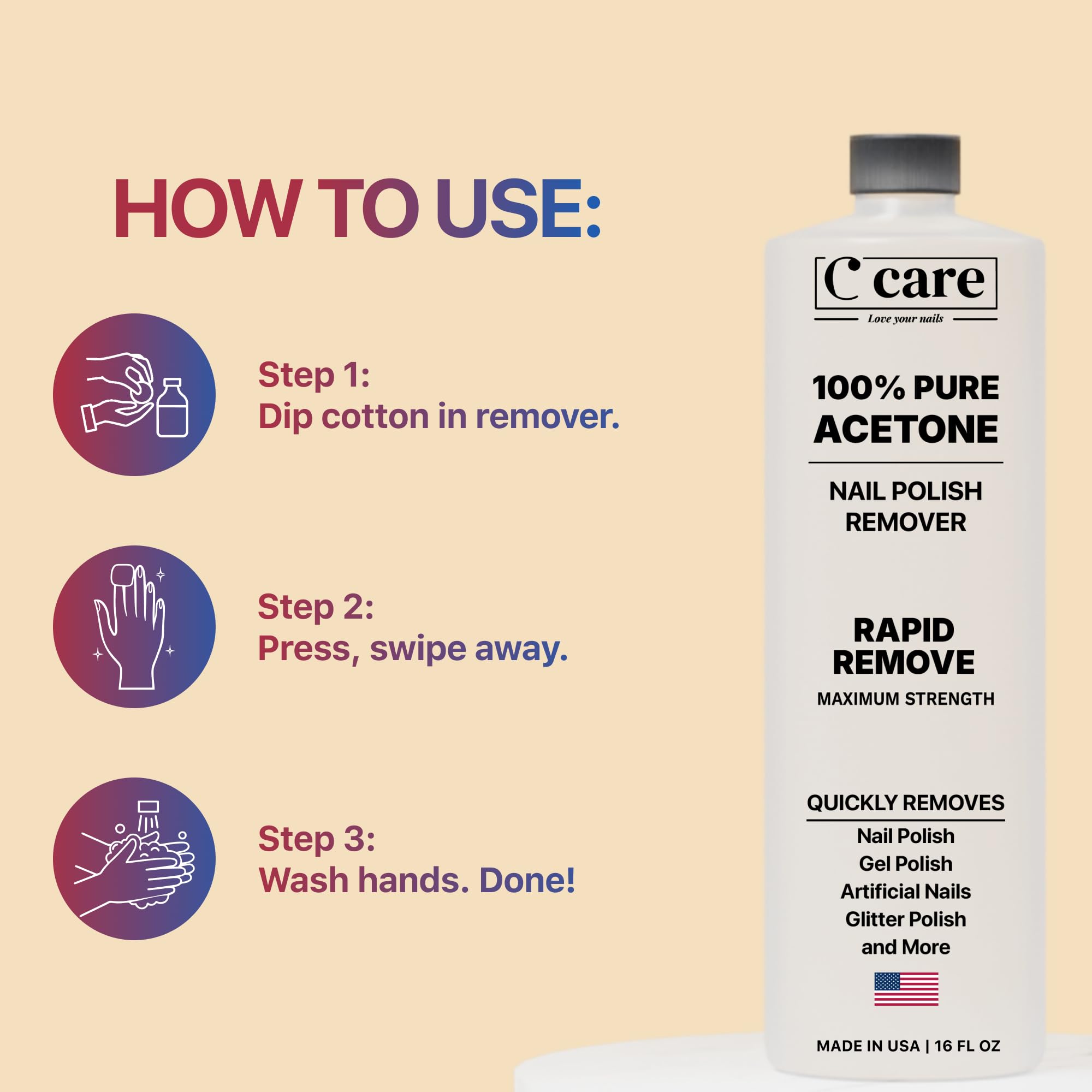 C CARE acetone on cotton pad demonstrating effective application for polish removal
