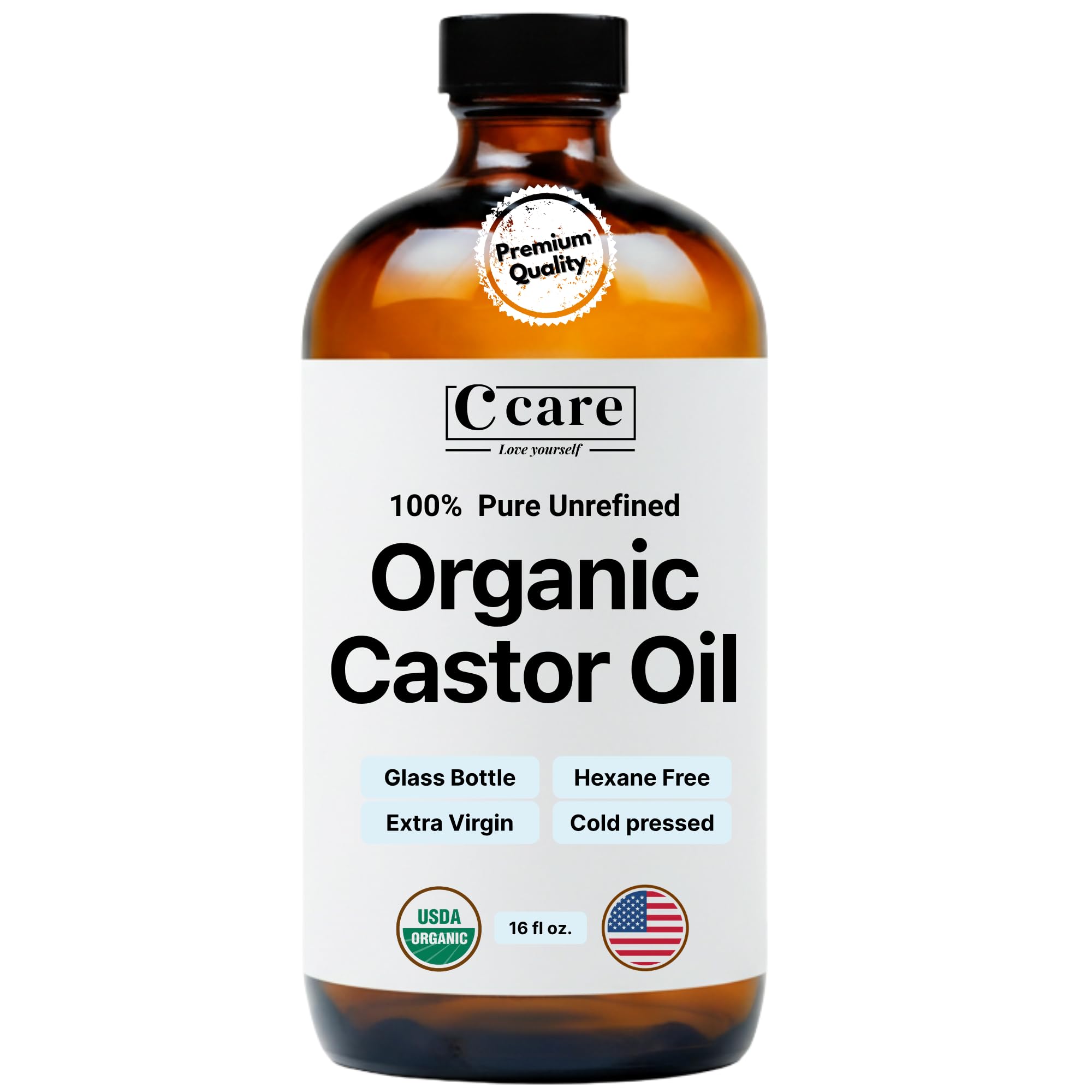 C CARE amber glass bottle front view, protects oil and extends shelf life