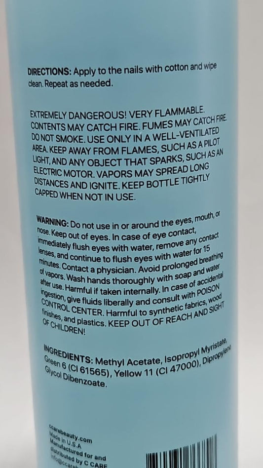 C CARE pouring action over cotton pad illustrating fast polish lift benefit