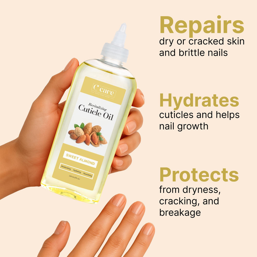 C CARE applying oil to cuticles demonstrating quick massage for overnight repair