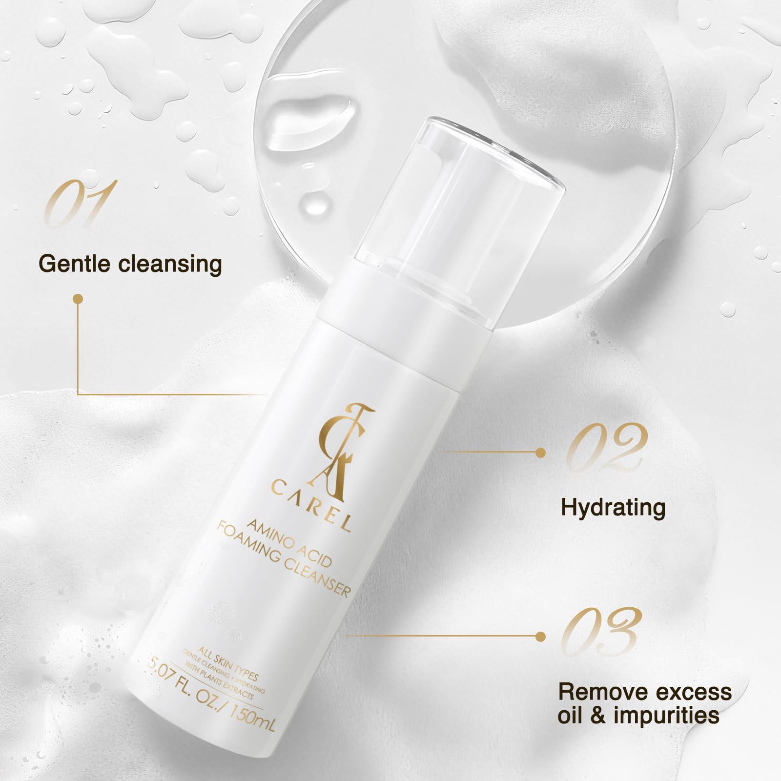 CA CAREL creamy foam texture demonstrating gentle cleansing