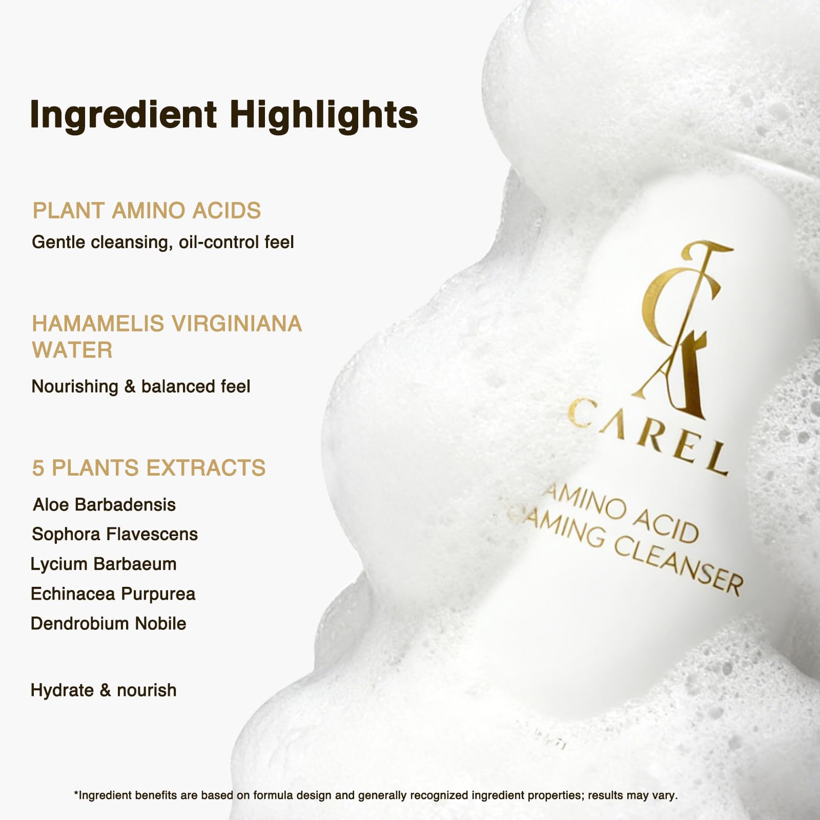 CA CAREL ingredients label closeup highlighting botanical extracts