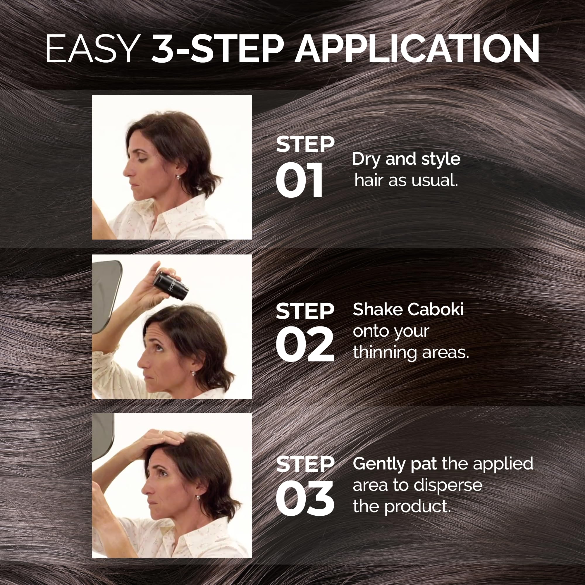 Caboki before and after applied on scalp showing instant fuller-looking hair benefit