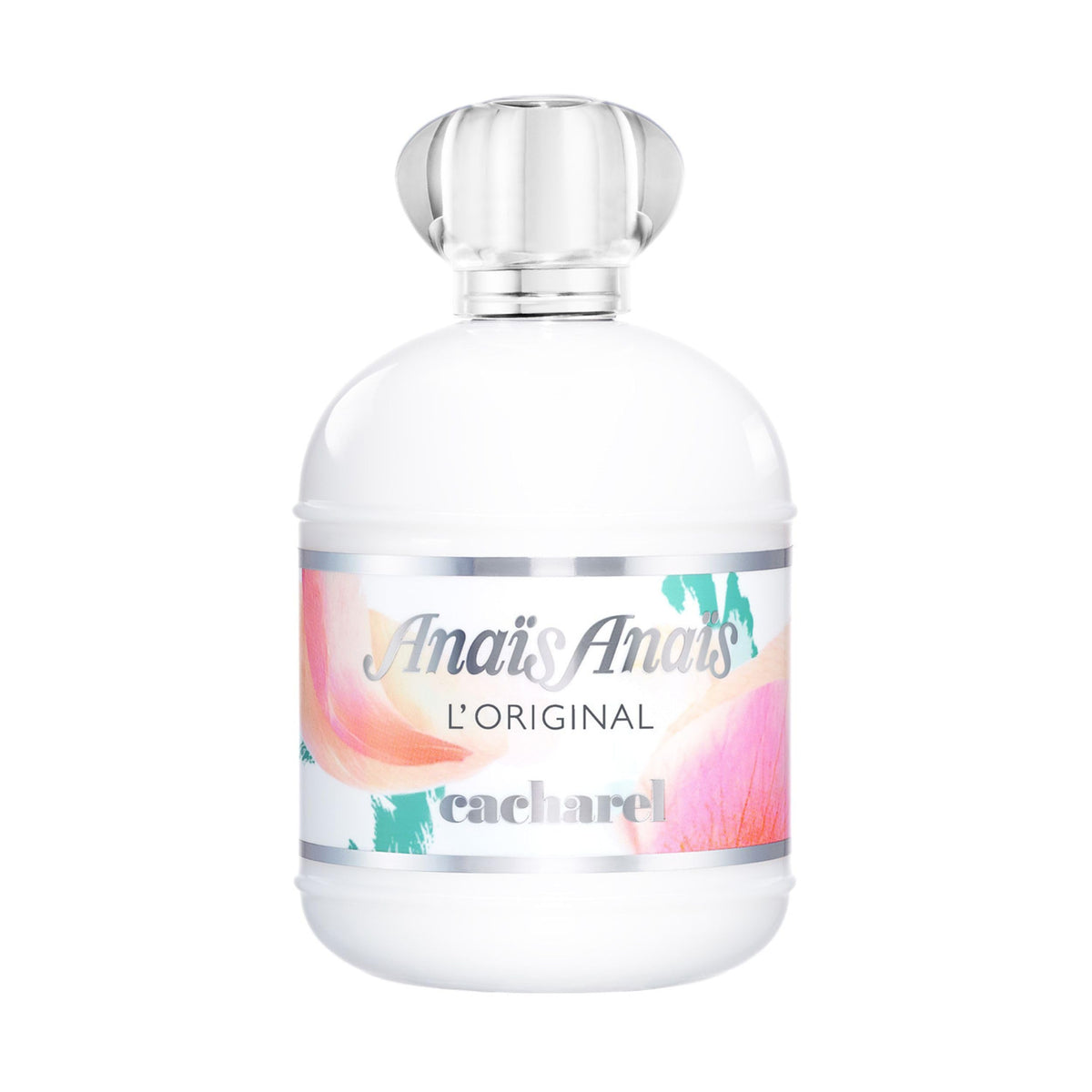 Cacharel Anais Anais front bottle showing elegant white opaline glass and silver cap