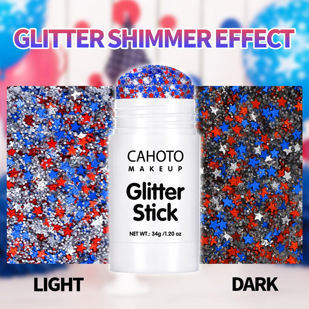 CAHOTO applying glitter stick near eye for precise festive face accents