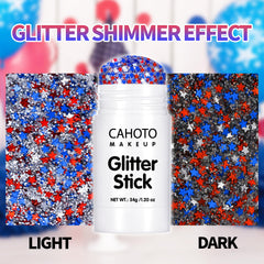CAHOTO applying glitter stick near eye for precise festive face accents