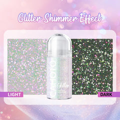 CAHOTO glitter swiped on cheek creating holographic highlight and stage-ready glow