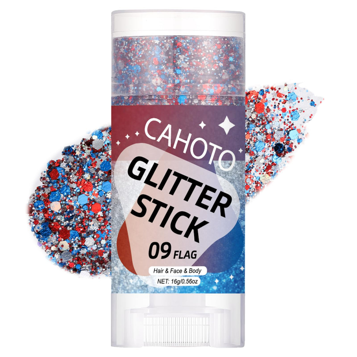 CAHOTO front view of glitter stick showing patriotic red white blue finish and easy twist dispenser benefit