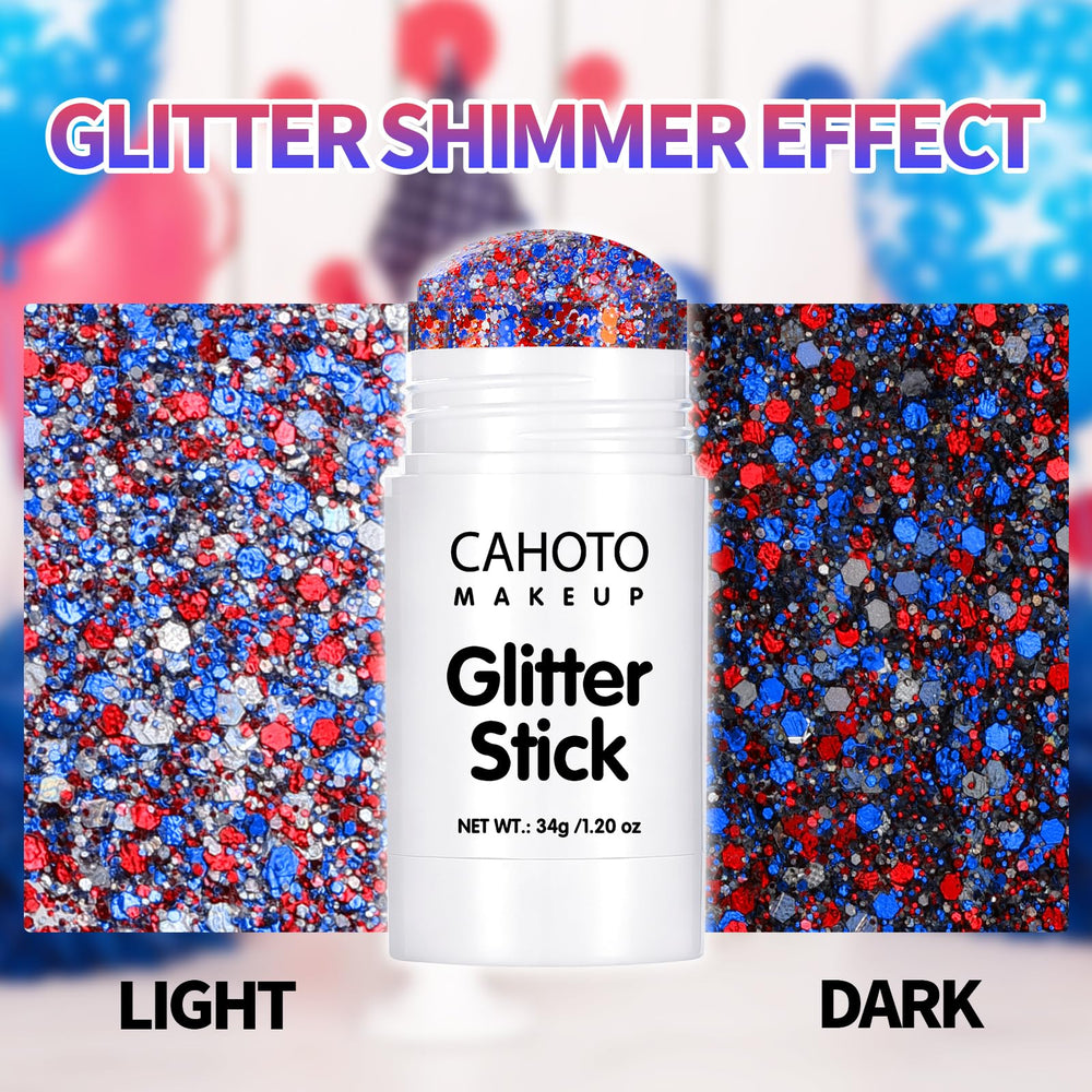 CAHOTO on model's face demonstrating patriotic 4th of July look with standout shine