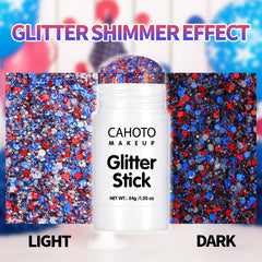CAHOTO on model's face demonstrating patriotic 4th of July look with standout shine