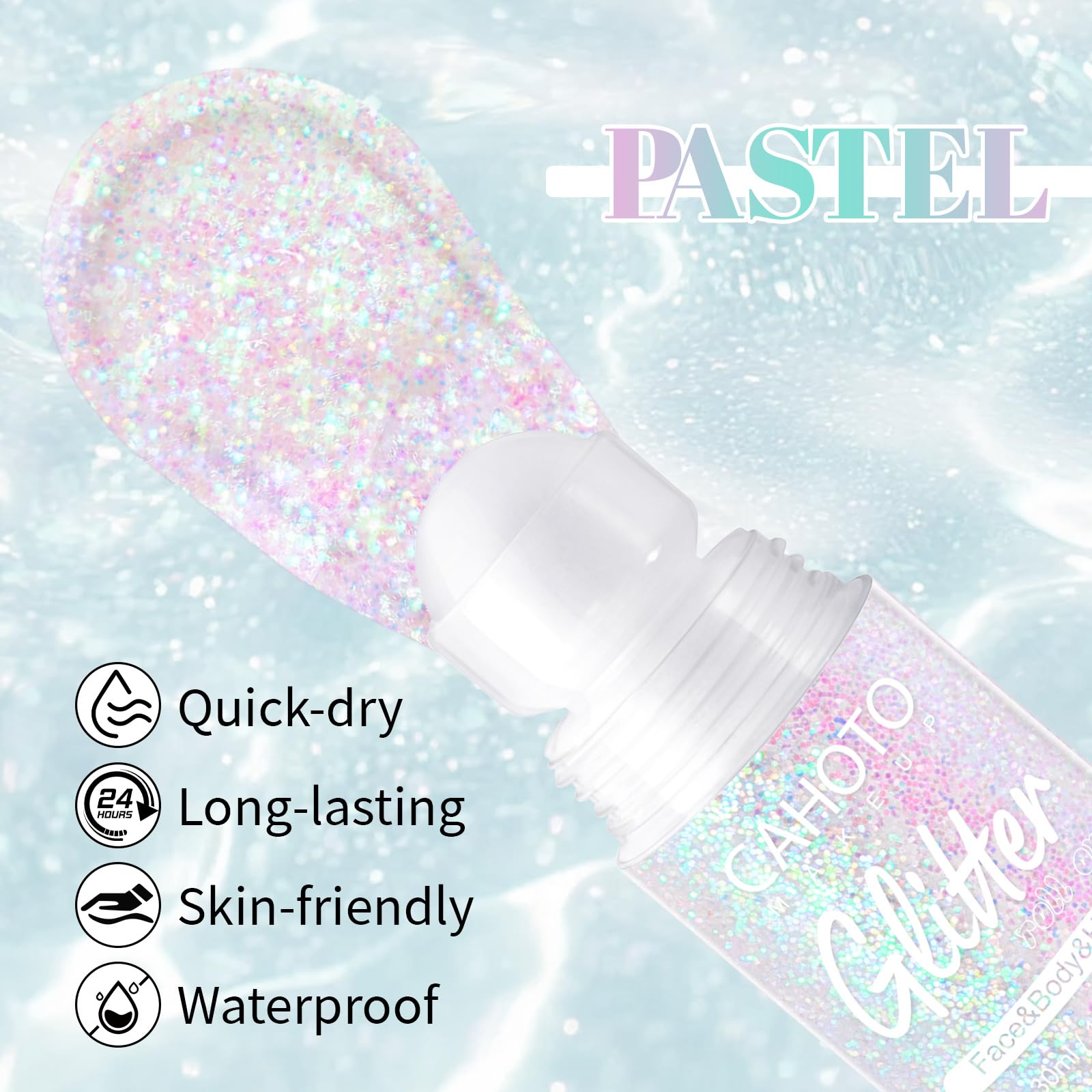 CAHOTO rollerball close-up revealing holographic glitter texture and smooth glide