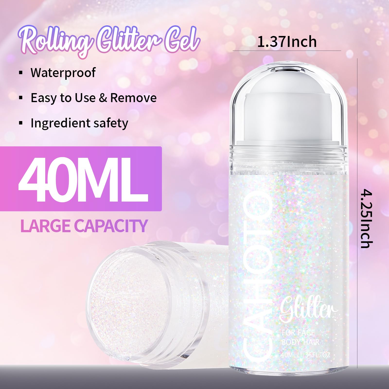 CAHOTO rollerball close-up revealing glitter texture and smooth applicator benefit