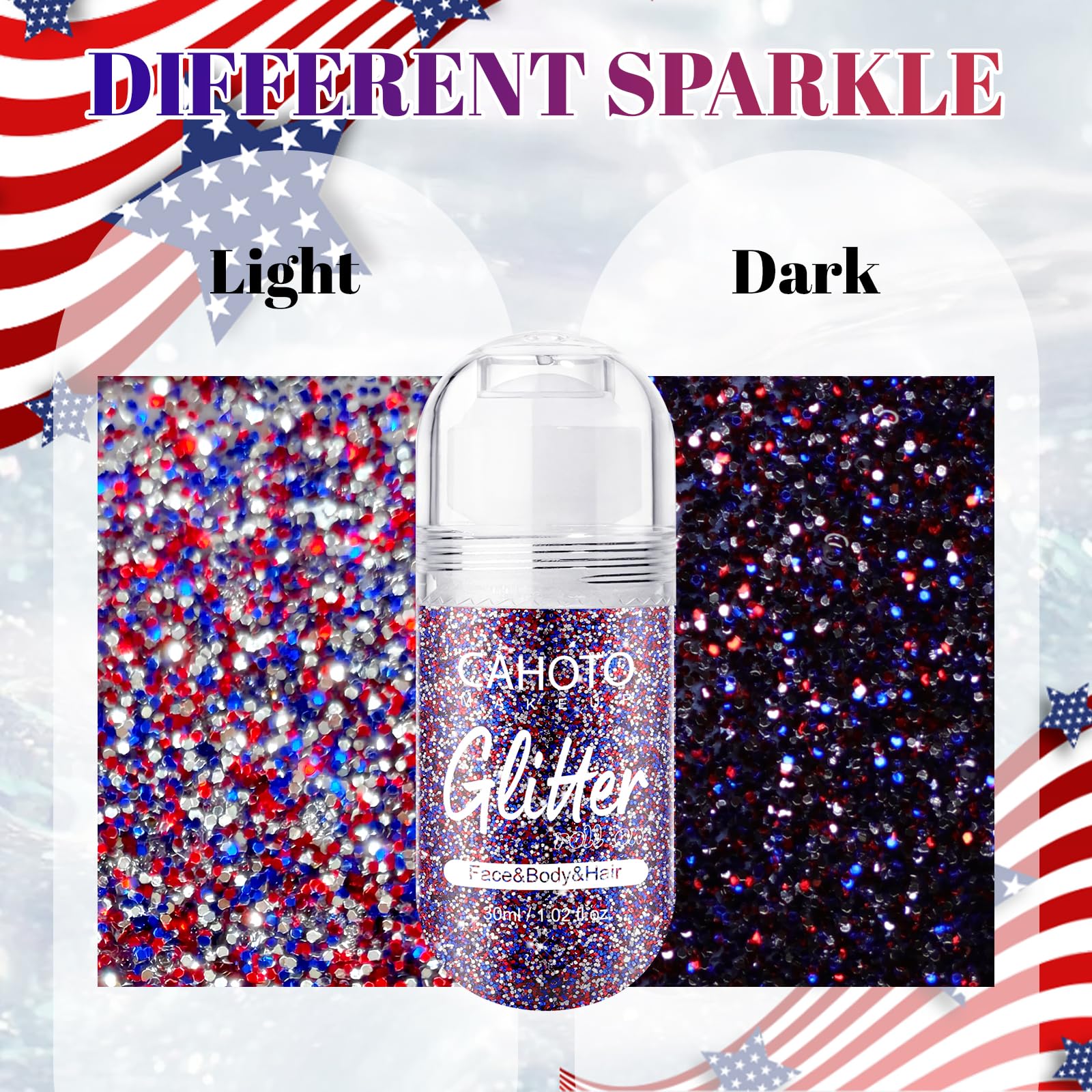 CAHOTO glitter texture close-up showing red white blue sequins and holographic depth benefit