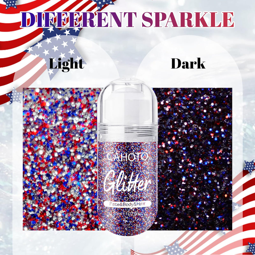 CAHOTO glitter texture close-up showing red white blue sequins and holographic depth benefit