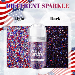 CAHOTO glitter texture close-up showing red white blue sequins and holographic depth benefit