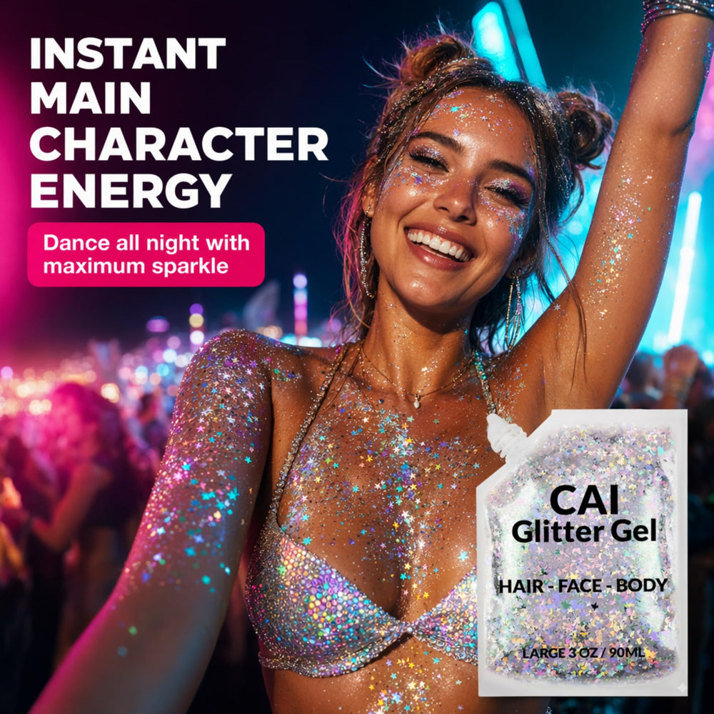 CAI BEAUTY NYC fingertip swatch demonstrating self-adhesive glitter for quick use