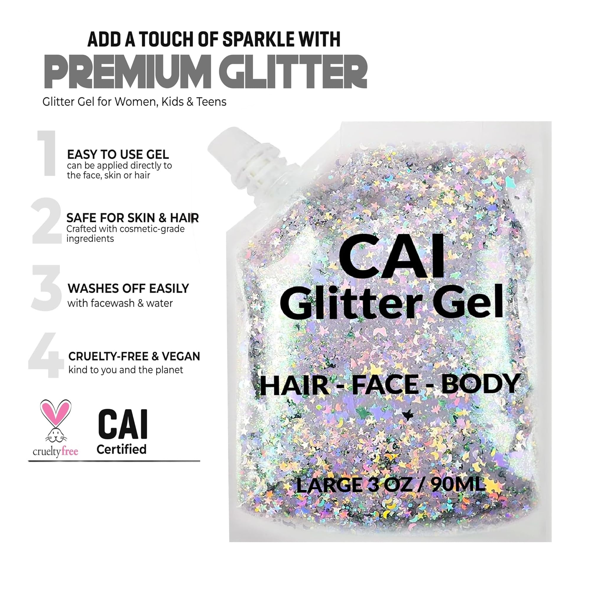 CAI BEAUTY NYC glitter gel on child at festival showing kid-safe party application