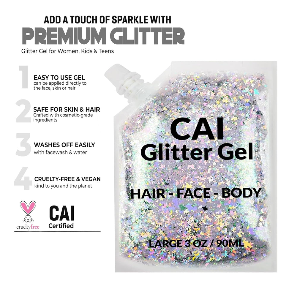 CAI BEAUTY NYC glitter gel on child at festival showing kid-safe party application