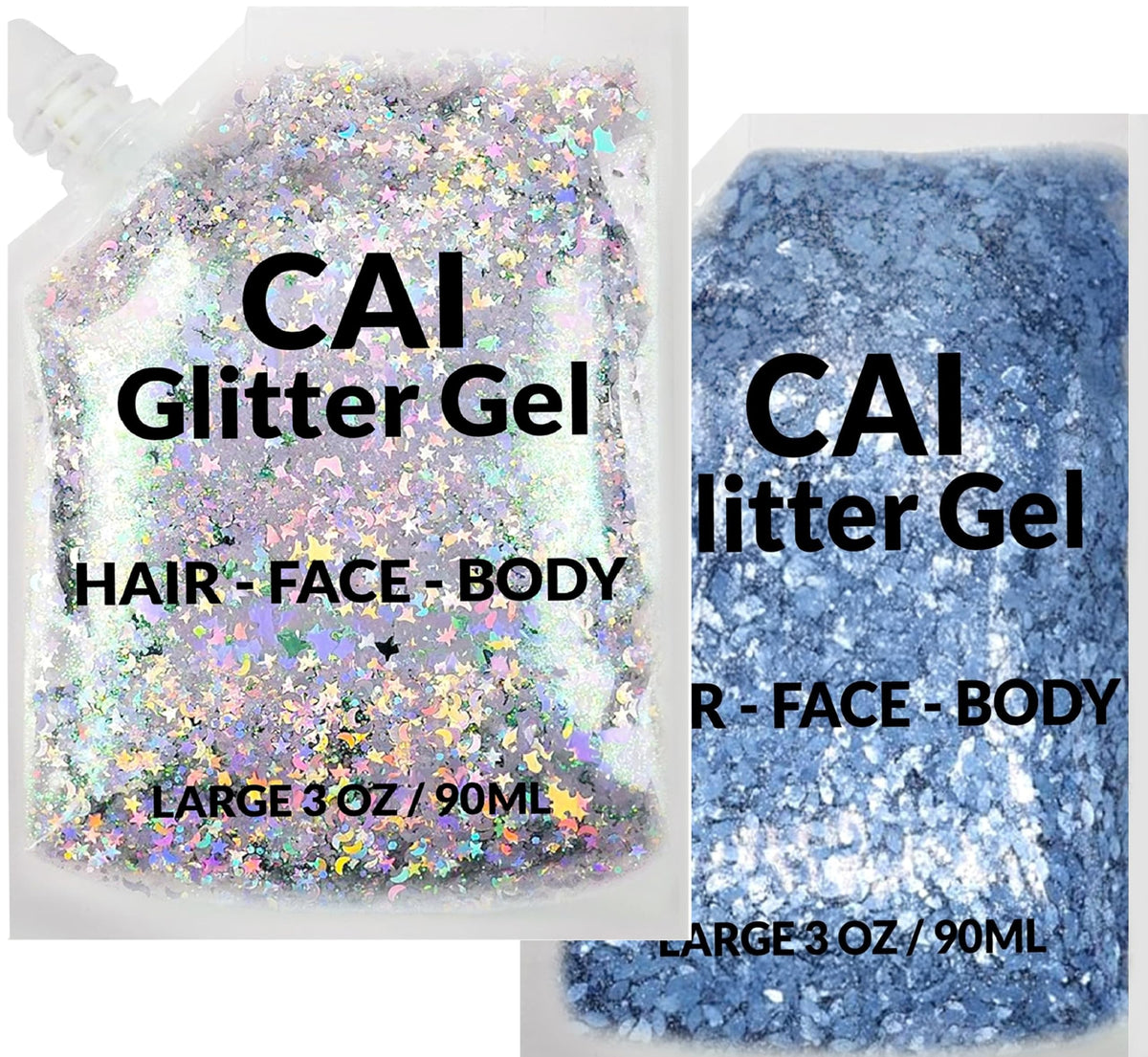 CAI BEAUTY NYC front packaging showing two holographic glitter gel pots, ideal for parties