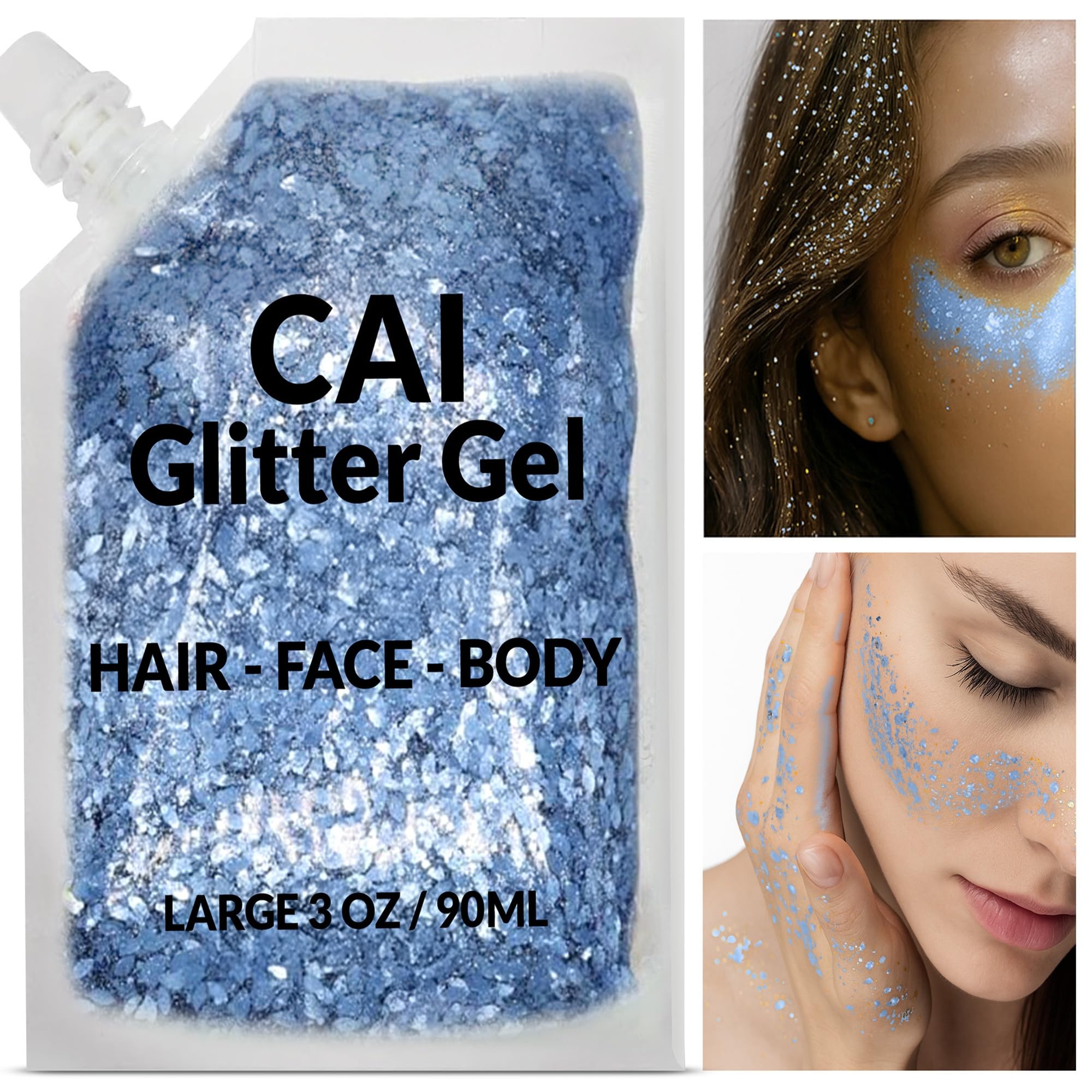 CAI BEAUTY NYC open pot close-up of chunky glitter gel texture, easy-to-apply benefit