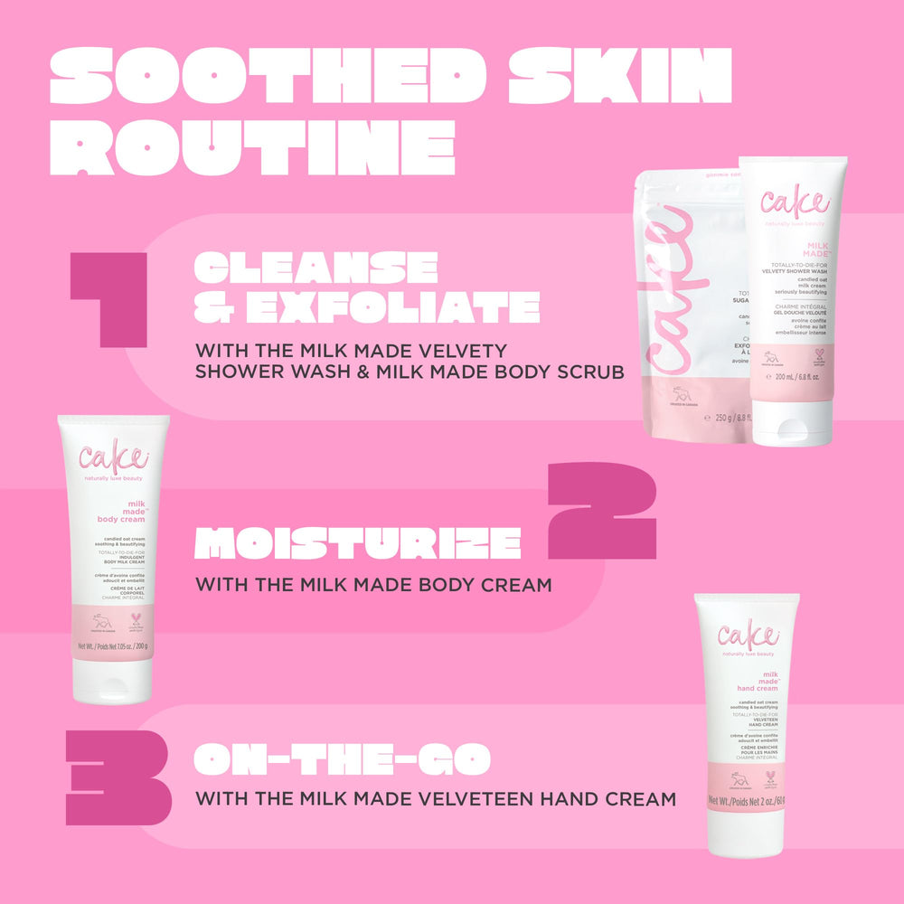 Cake Beauty jar on bathroom shelf styled for relaxed routine and indulgent self-care