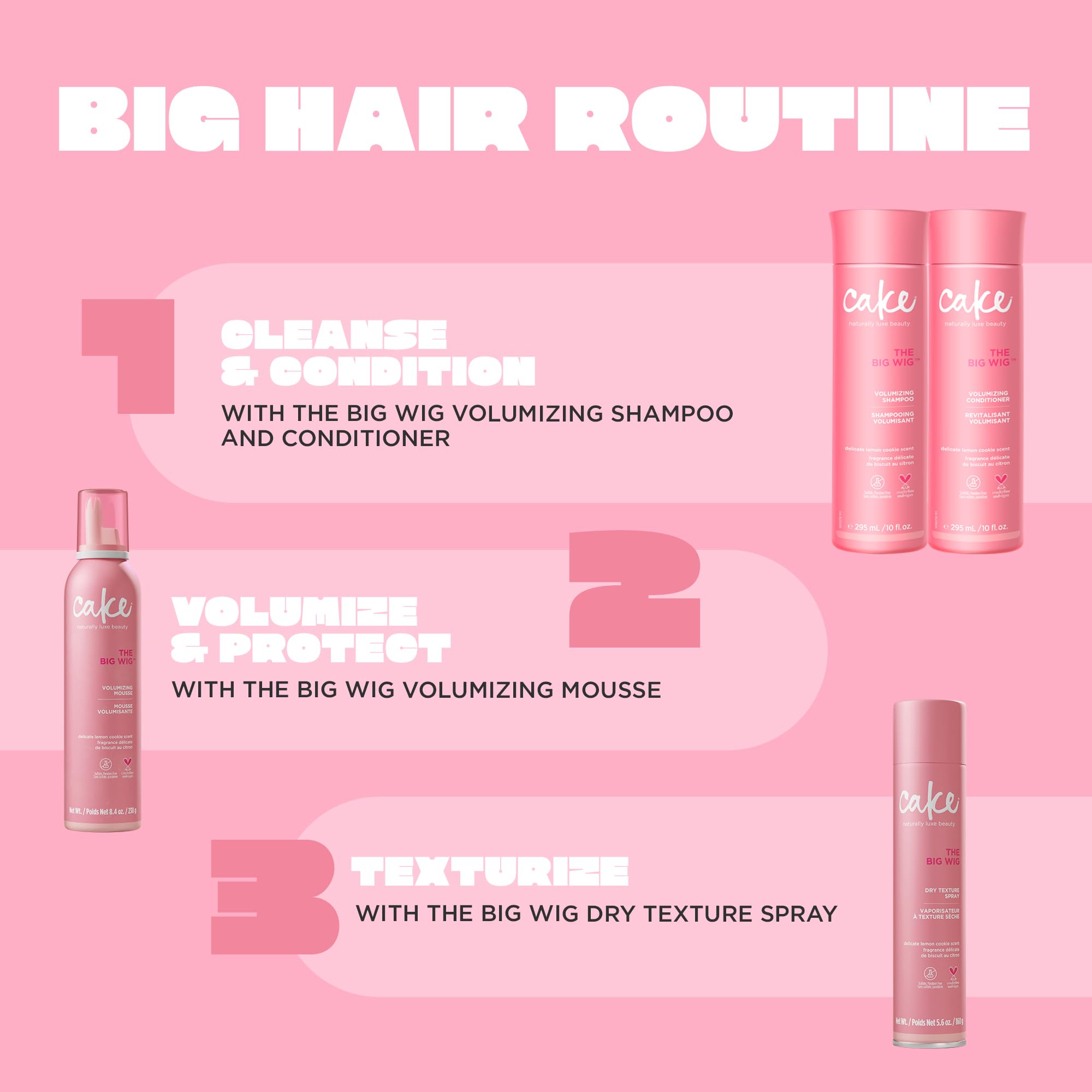 Cake Beauty Big Wig on shower shelf in bathroom scene suggesting volumizing routine and indulgence