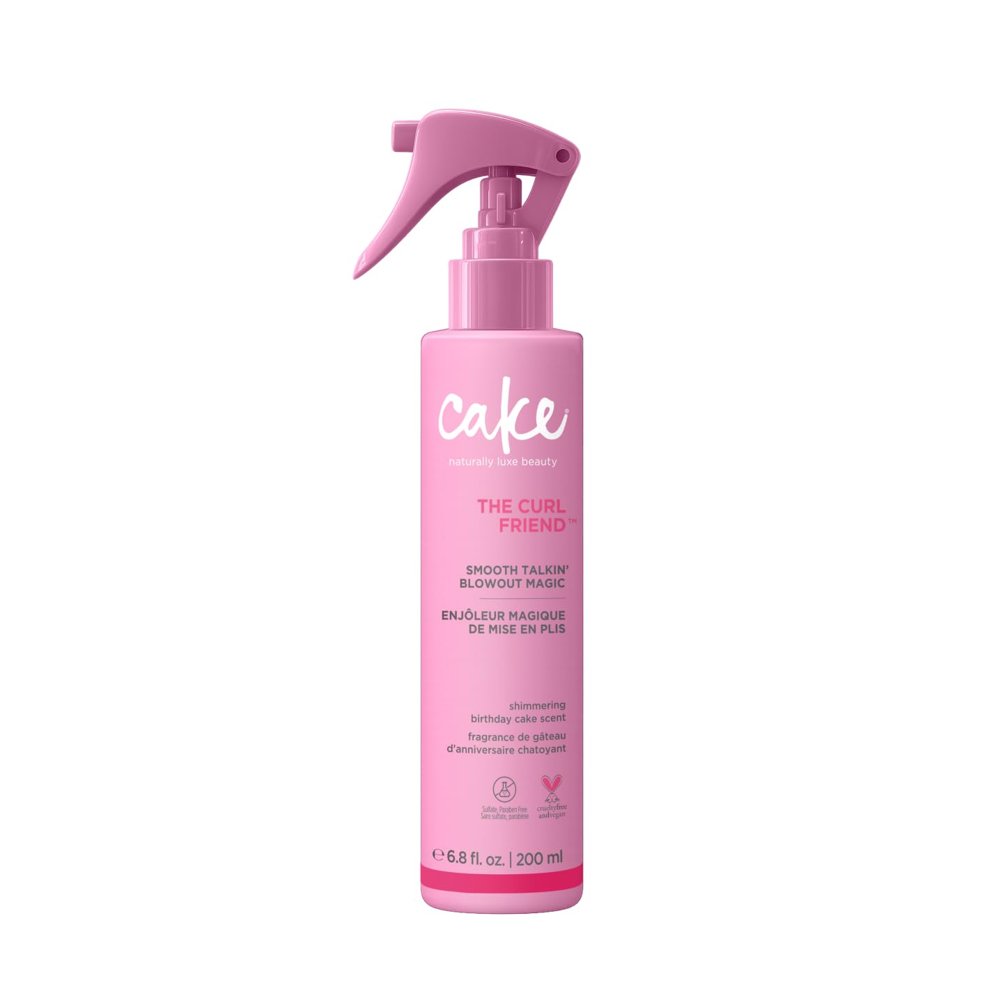 Cake Beauty front bottle view showing product packaging and size benefit