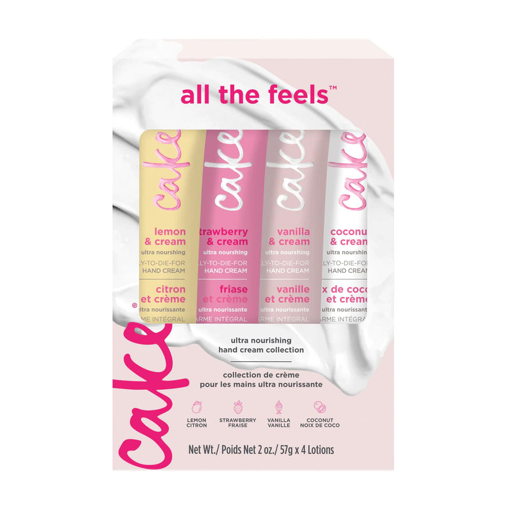 Cake Beauty four-pack front view showing all scented hand cream tubes and packaging, gift-ready