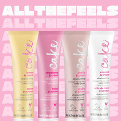 Cake Beauty tube close-up squeezed to show creamy texture and quick-absorbing finish benefit