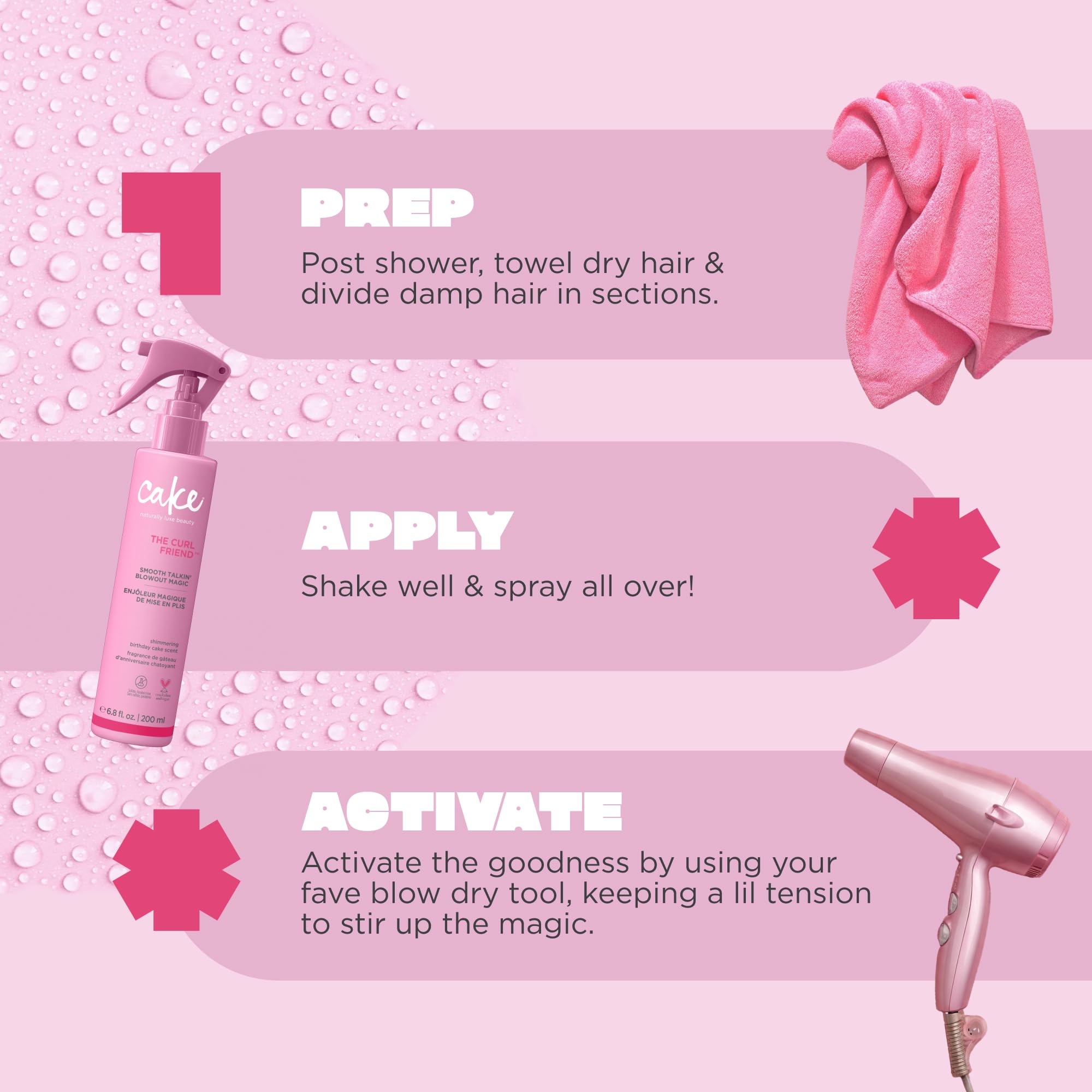 Cake Beauty spray in hand applying to damp hair for easier styling