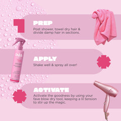 Cake Beauty spray in hand applying to damp hair for easier styling