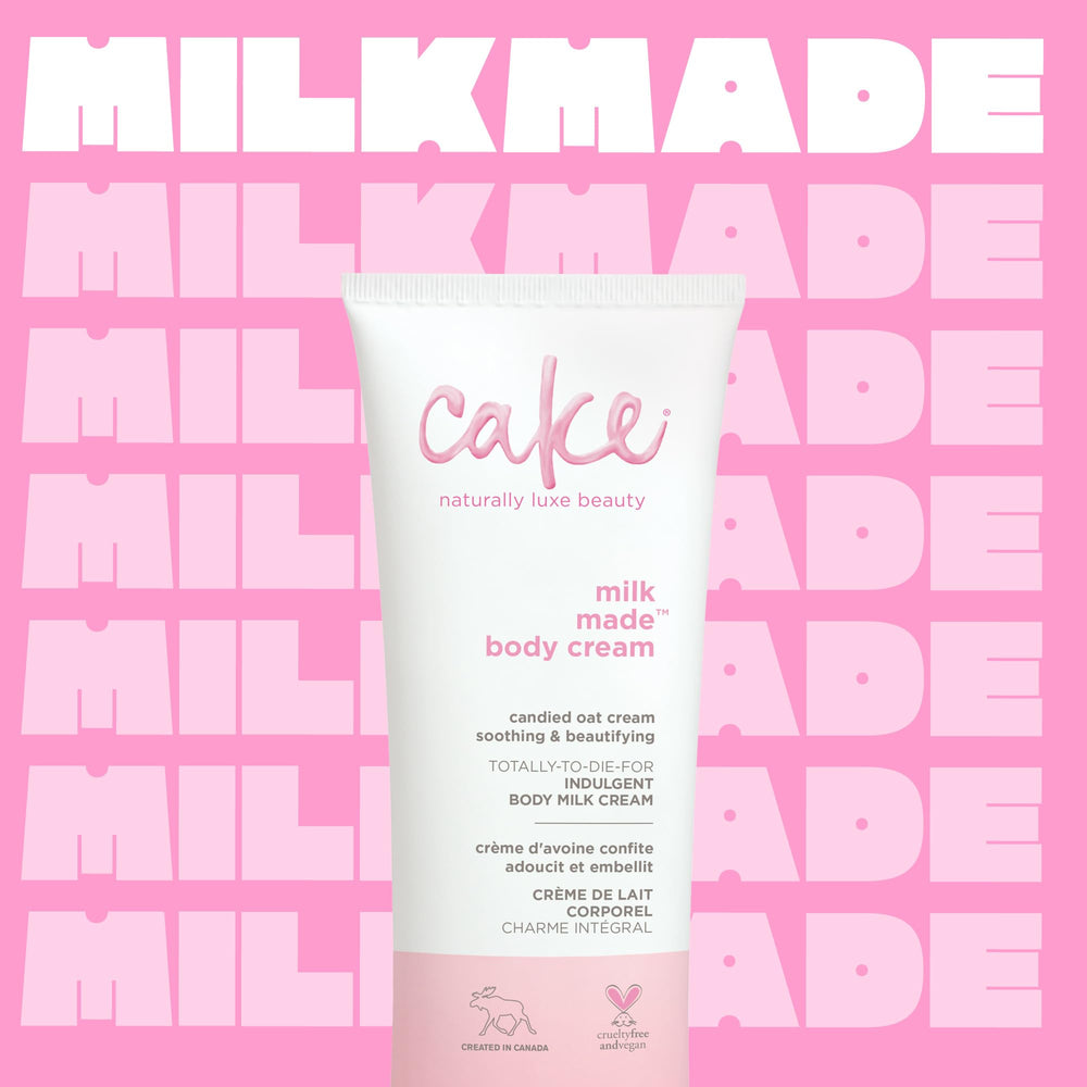 Cake Beauty open jar top view revealing fluffy lotion and easy scoopability benefit