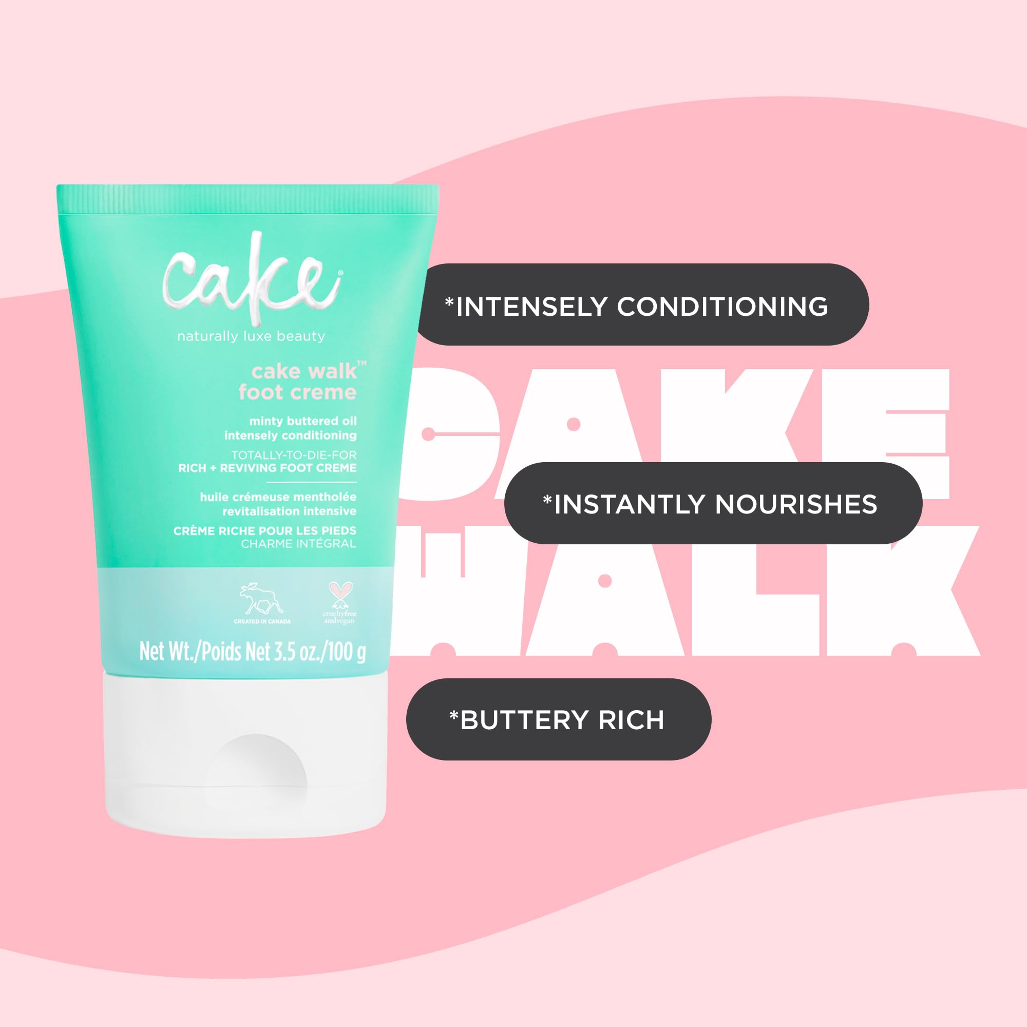 Cake Beauty Walk tube next to hand showing 3.5 fl oz practical size