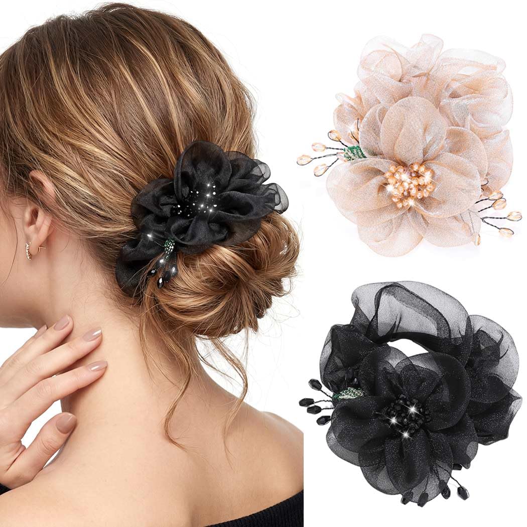 CAKURE front view of black and champagne scrunchies showing elegant look