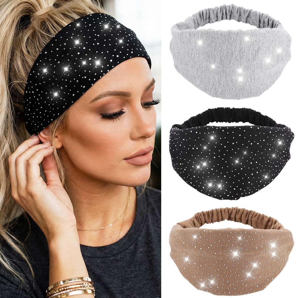 CAKURE front view of three black rhinestone headbands showing pack benefit