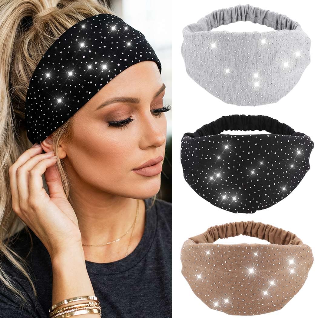 CAKURE front view of three black rhinestone headbands showing pack benefit
